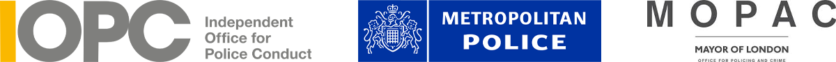 Logos of organizations related to police conduct including Independent Office for Police Conduct Metropolitan Police and Mayor of London Office for Policing and Crime